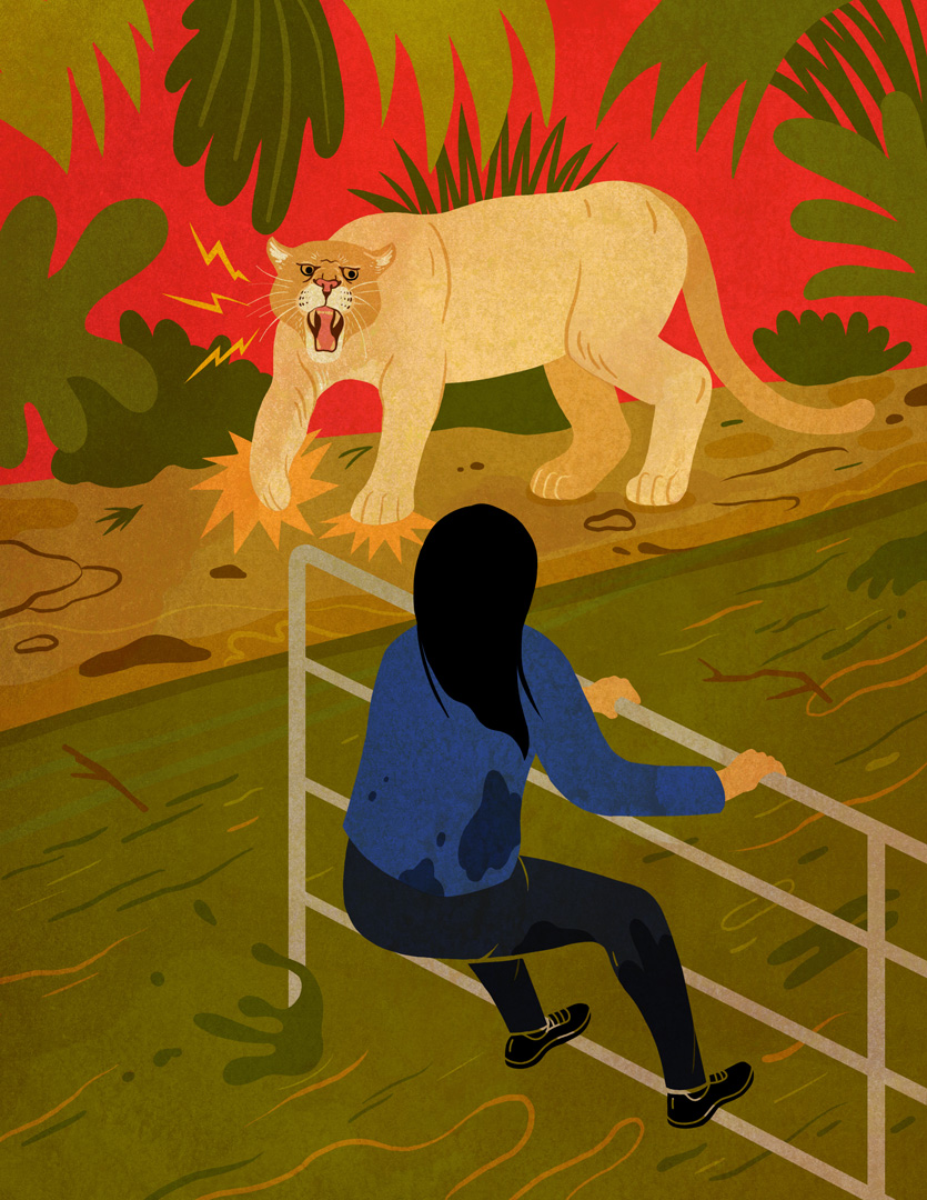 A woman holding onto railings over a swift river with an aggressive cougar on the riverbank