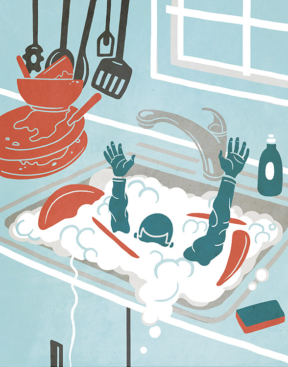 Person drowning in a kitchen sink of dirty dishes and bubbles