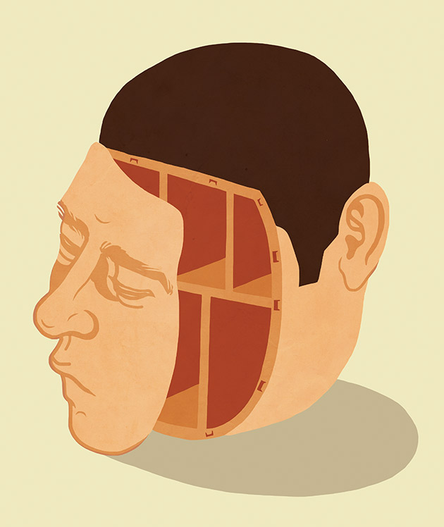 A person's head with their face as a door, open, revealing compartments inside the head
