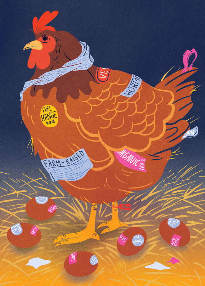 Food stickers and labels on a hen and eggs