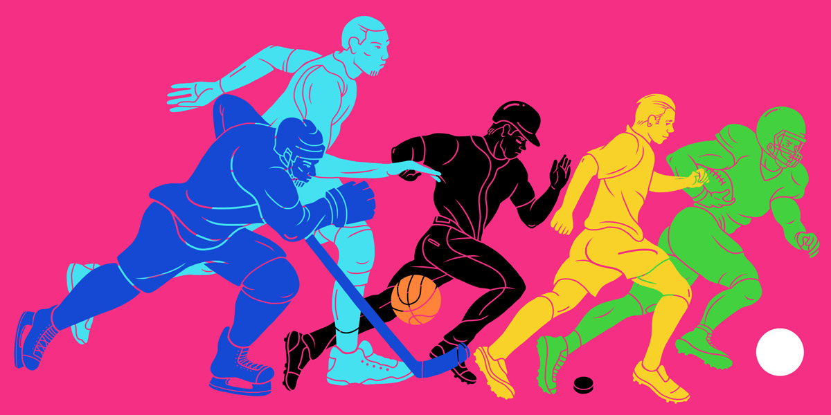A hockey player, basketball player, baseball player, soccer player, and football player running together