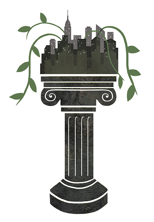 New York City on a pedestal with vines growing out of it