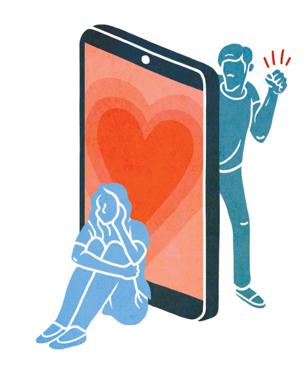 A woman hiding behind a smartphone for safety from her abusive boyfriend