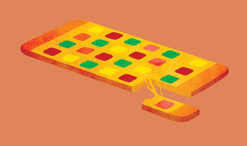 A rectangular shaped pizza like a smartphone with a slice taken out