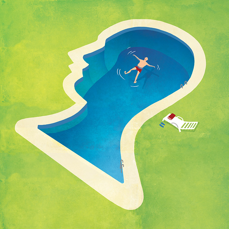 A person floating face up in a head-shaped swimming pool