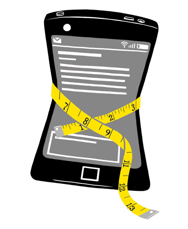 A yellow measuring tape cinched around a smartphone