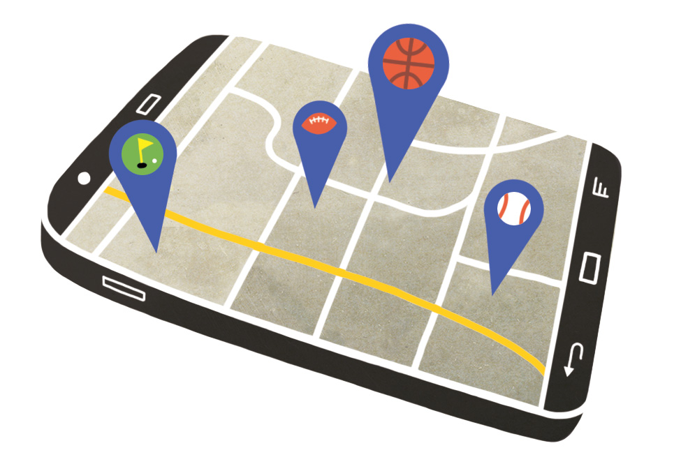 A map showing different pick-up recreational sports available on a smartphone
