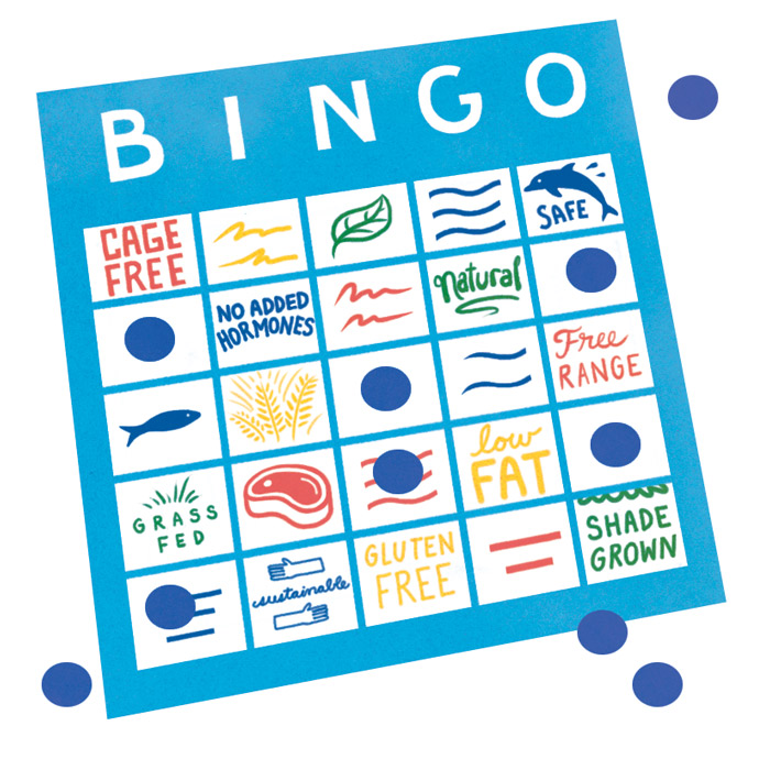 A bingo sheet with marketing terms for healthy, green, sustainable, ethical food