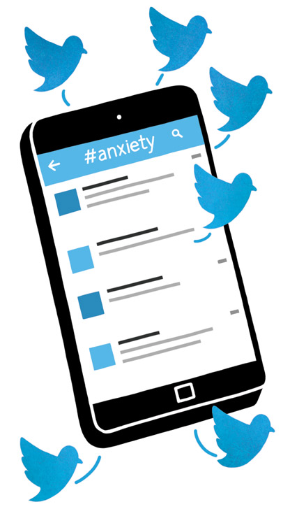 A smartphone showing an anxiety hashtag on the Twitter platform